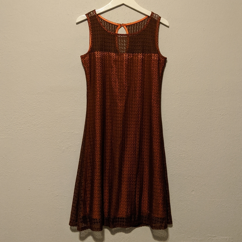 EBZA Dress Rust Orange Unique Lace Overlay Sz L